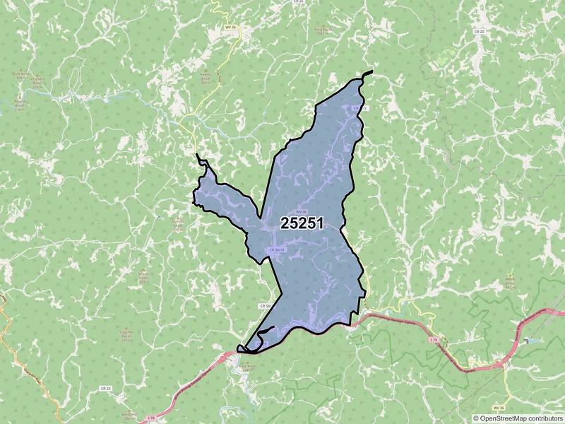 Map of ZIP Code 25251 — Left Hand, WV