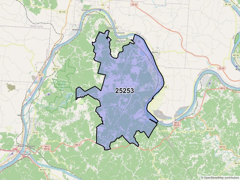 Map of ZIP Code 25253 — Letart, WV