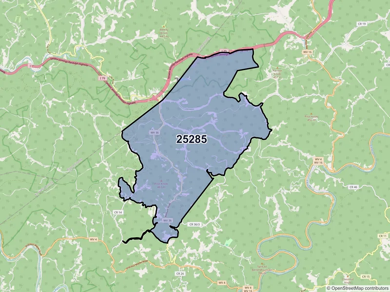 Map of ZIP Code 25285 — Wallback, WV