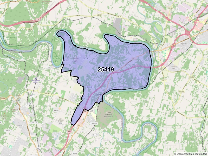 Map of ZIP Code 25419 — Falling Waters, WV