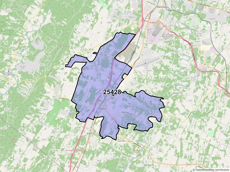 Map of Inwood, West Virginia and ZIP codes