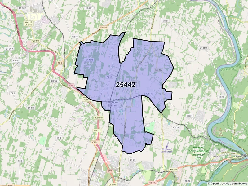 Map of ZIP Code 25442 — Shenandoah Junction, WV
