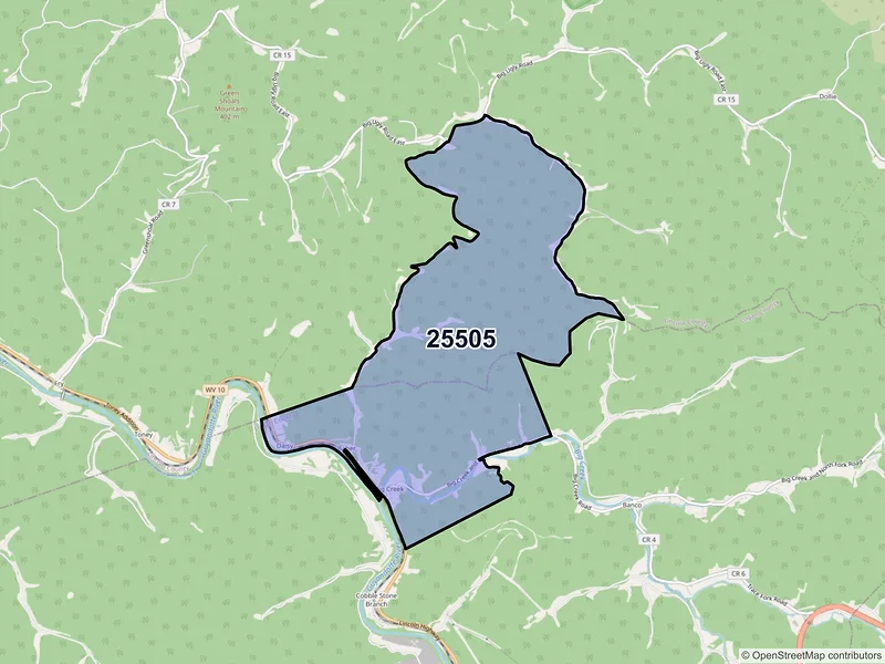Map of ZIP Code 25505 — Big Creek, WV