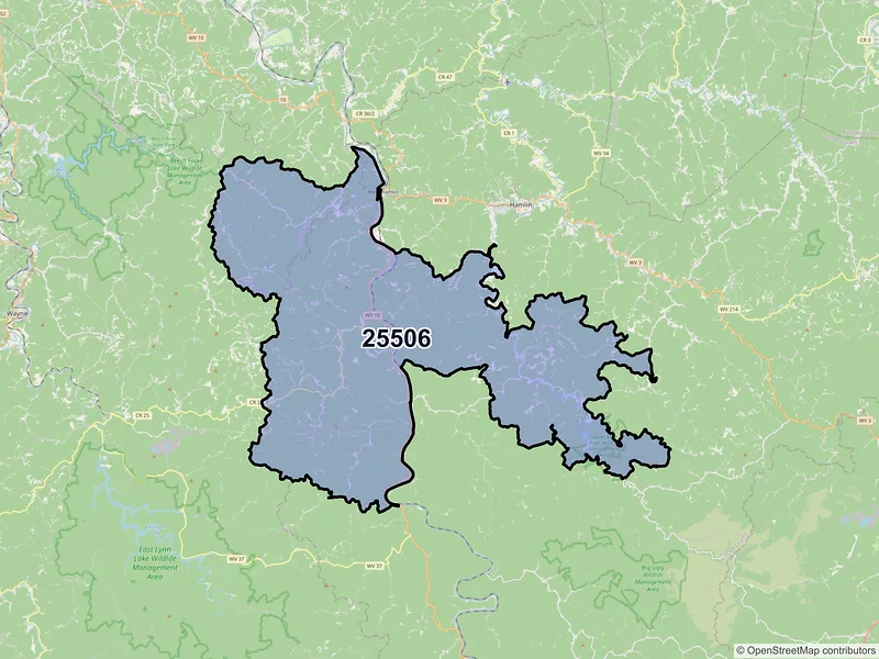 Map of ZIP Code 25506 — Branchland, WV