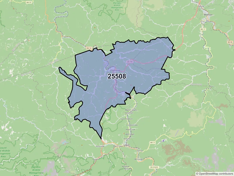 Map of ZIP Code 25508 — Chapmanville, WV