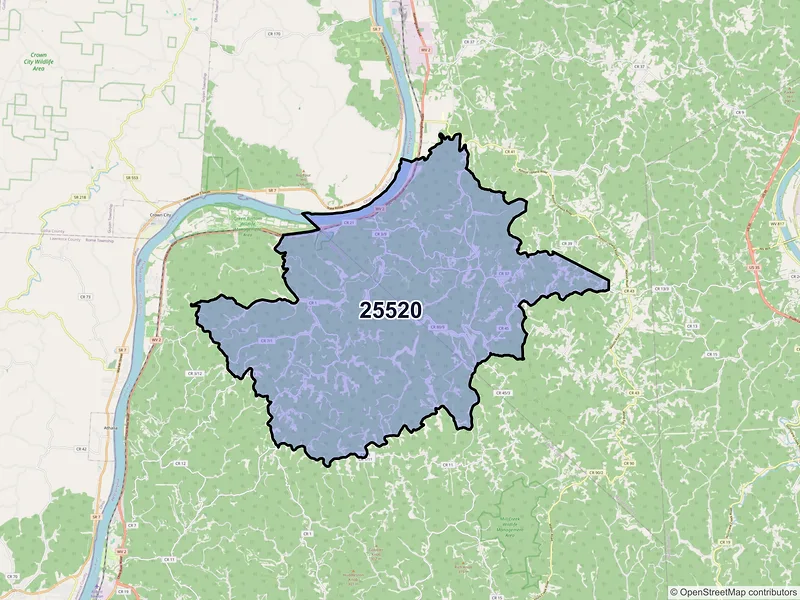 Map of ZIP Code 25520 — Glenwood, WV