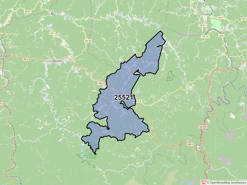 Map of ZIP Code 25521 — Griffithsville, WV