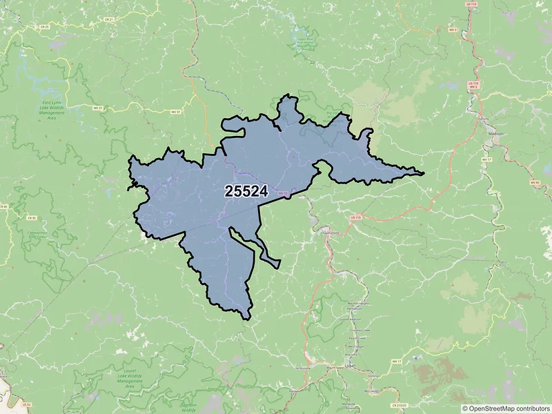 Map of ZIP Code 25524 — Harts, WV