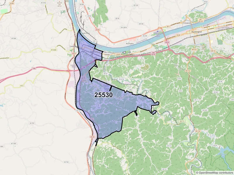 Map of ZIP Code 25530 — Kenova, WV