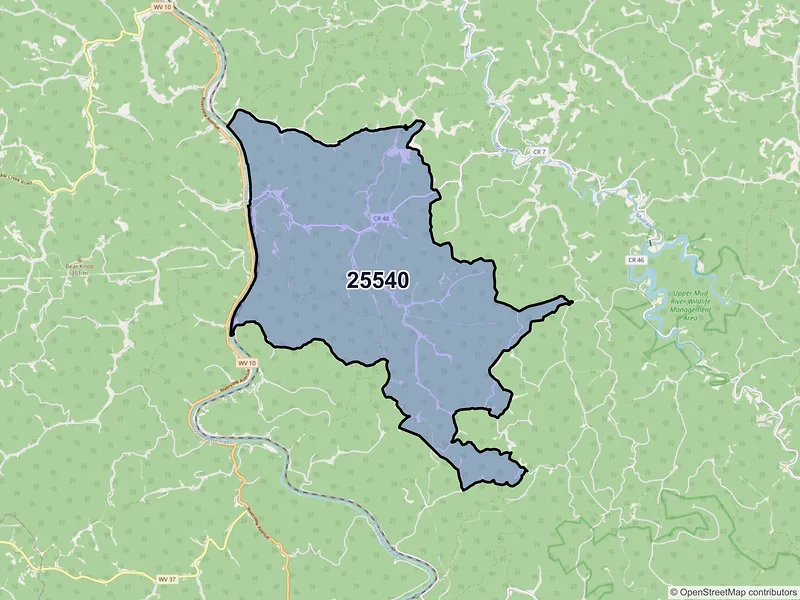 Map of ZIP Code 25540 — Midkiff, WV