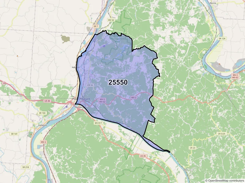 Map of ZIP Code 25550 — Point Pleasant, WV