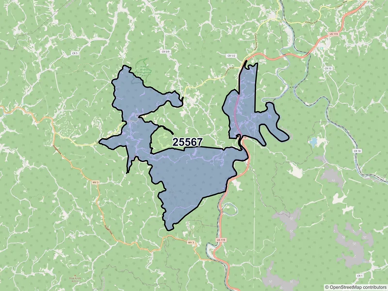 Map of ZIP Code 25567 — Sumerco, WV
