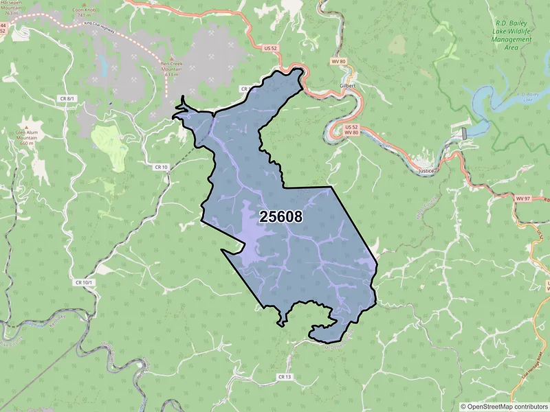 Map of ZIP Code 25608 — Baisden, WV