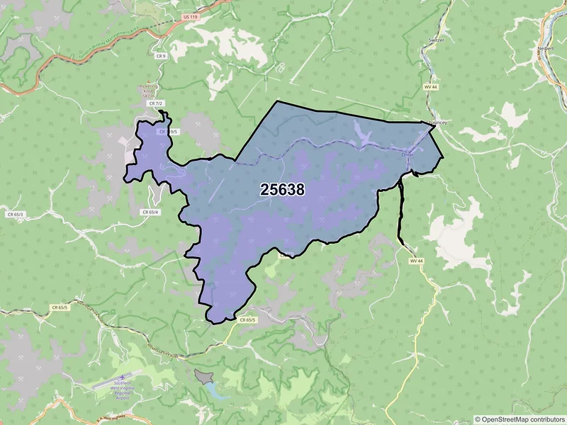 Map of Omar, West Virginia and ZIP codes