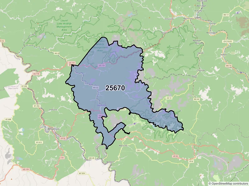 Map of ZIP Code 25670 — Delbarton, WV