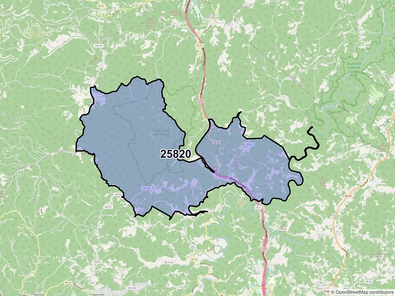 Map of ZIP Code 25820 — Camp Creek, WV