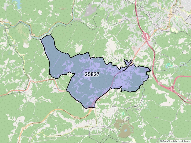 Map of ZIP Code 25827 — Crab Orchard, WV