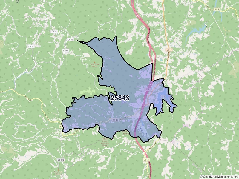 Map of ZIP Code 25843 — Ghent, WV
