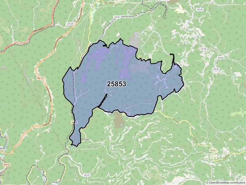 Map of Helen, West Virginia and ZIP codes