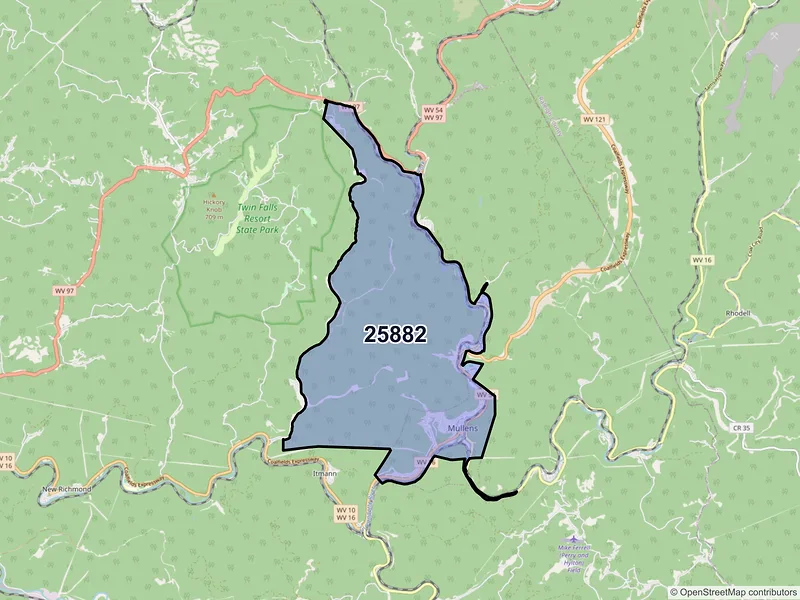 Map of ZIP Code 25882 — Mullens, WV