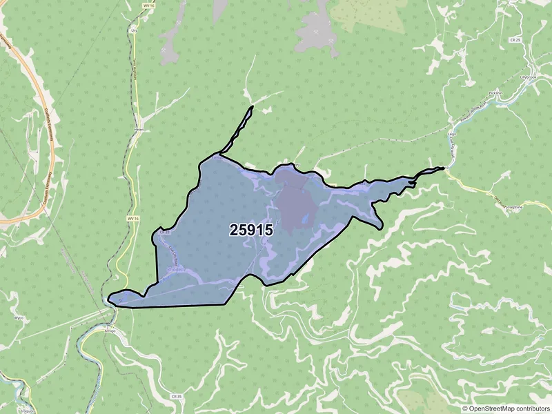 Map of Rhodell, West Virginia and ZIP codes