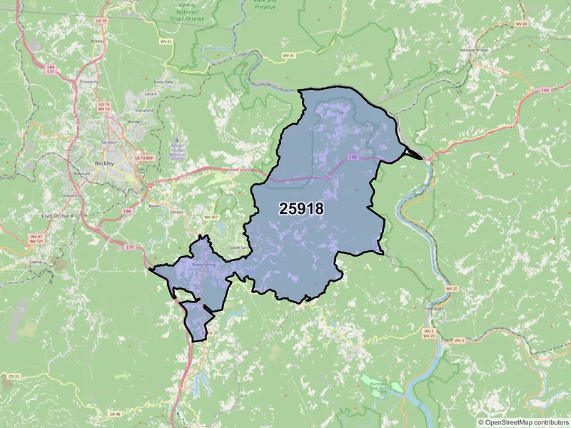 Map of ZIP Code 25918 — Shady Spring, WV