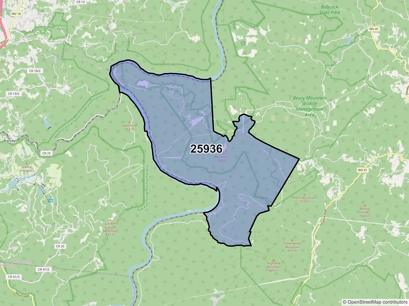 Map of ZIP Code 25936 — Thurmond, WV