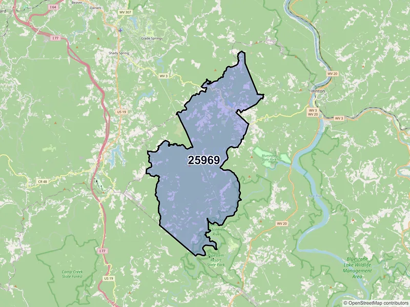 Map of ZIP Code 25969 — Jumping Branch, WV