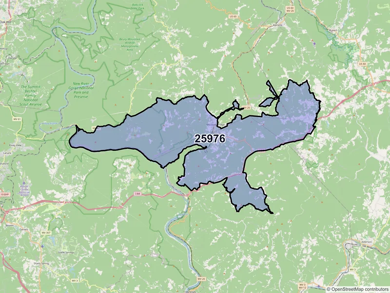 Map of ZIP Code 25976 — Meadow Bridge, WV