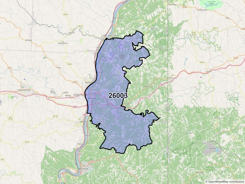 Map of Wheeling, West Virginia and ZIP codes