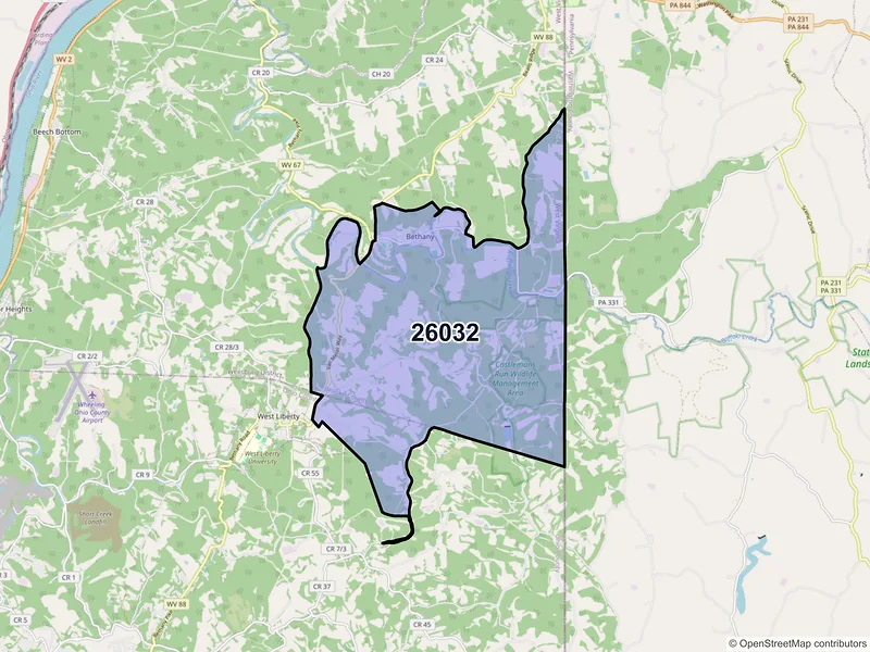 Map of Bethany, West Virginia and ZIP codes
