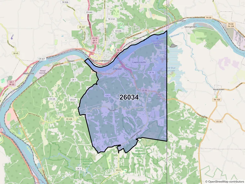 Map of ZIP Code 26034 — Chester, WV
