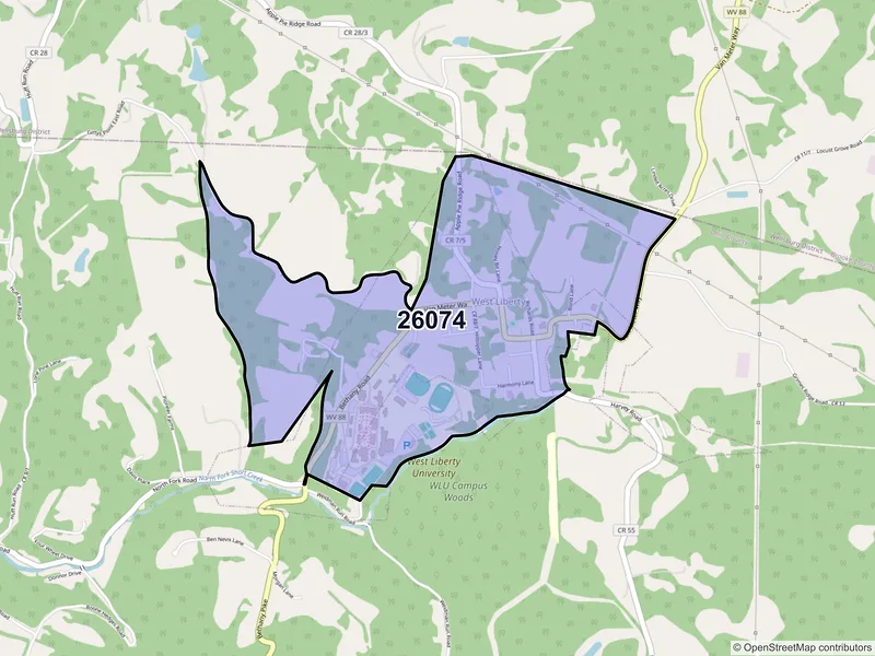 Map of West Liberty, West Virginia and ZIP codes