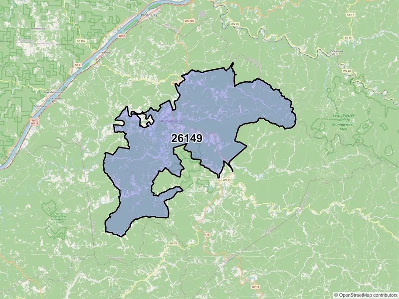 Map of ZIP Code 26149 — Middlebourne, WV