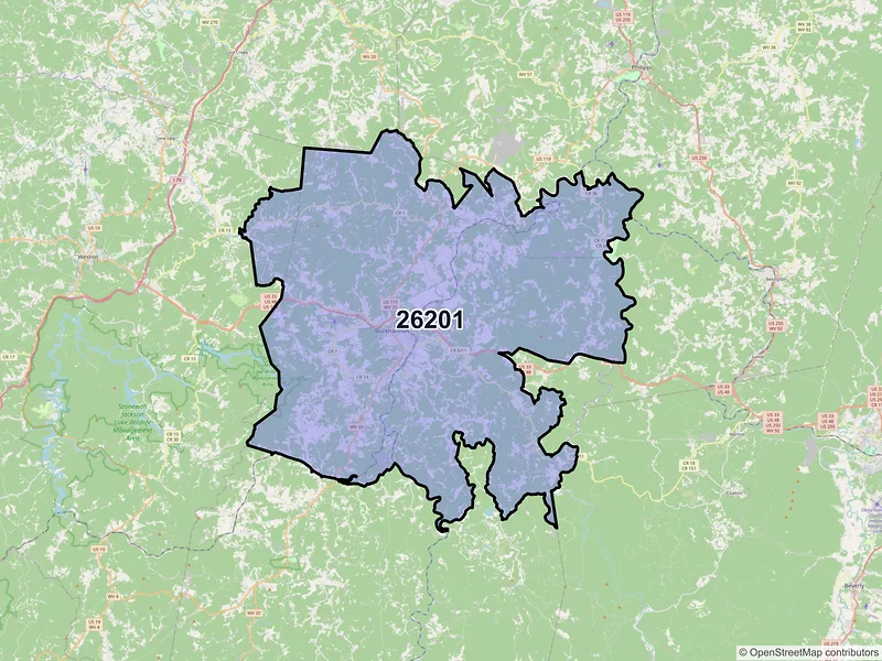 Map of Buckhannon, West Virginia and ZIP codes
