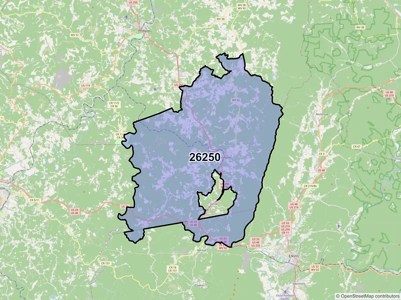 Map of Belington, West Virginia and ZIP codes