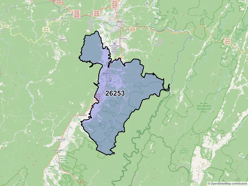 Map of ZIP Code 26253 — Beverly, WV