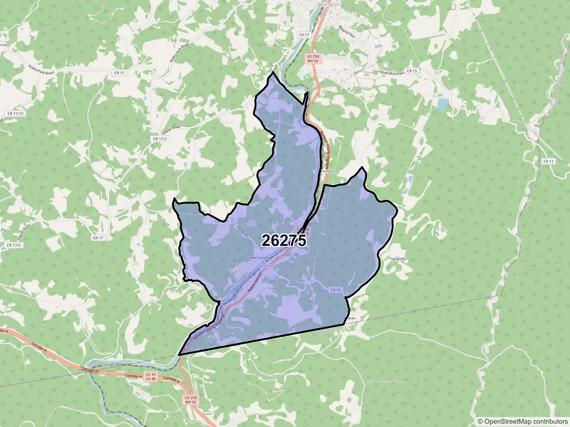 Map of Junior, West Virginia and ZIP codes