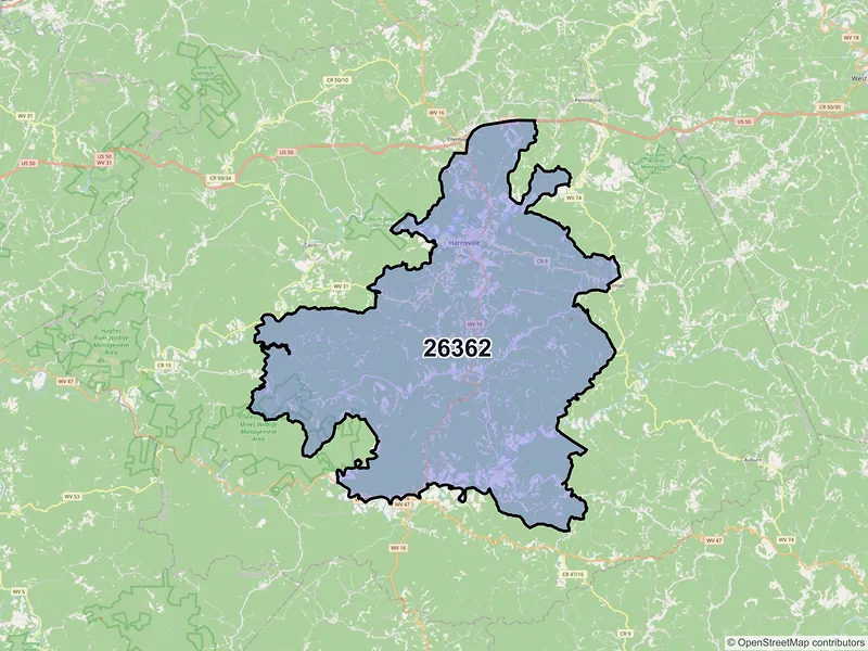 Map of Harrisville, West Virginia and ZIP codes