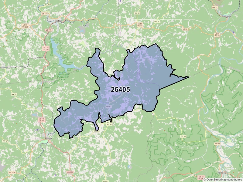 Map of ZIP Code 26405 — Moatsville, WV