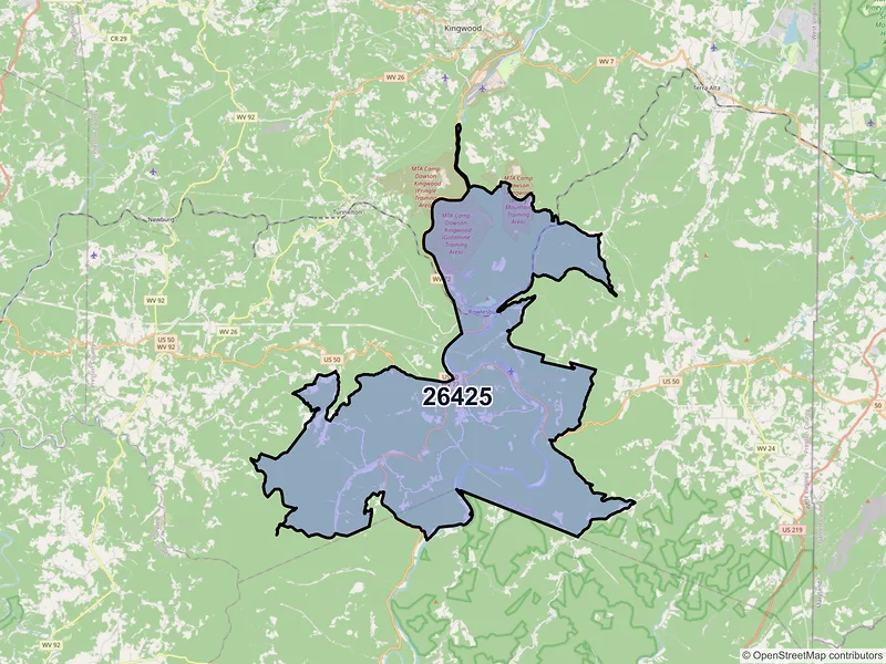 Map of Rowlesburg, West Virginia and ZIP codes