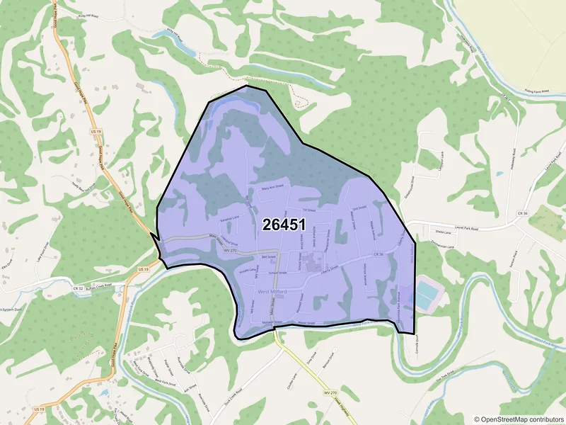 Map of West Milford, West Virginia and ZIP codes