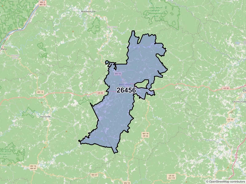 Map of ZIP Code 26456 — West Union, WV
