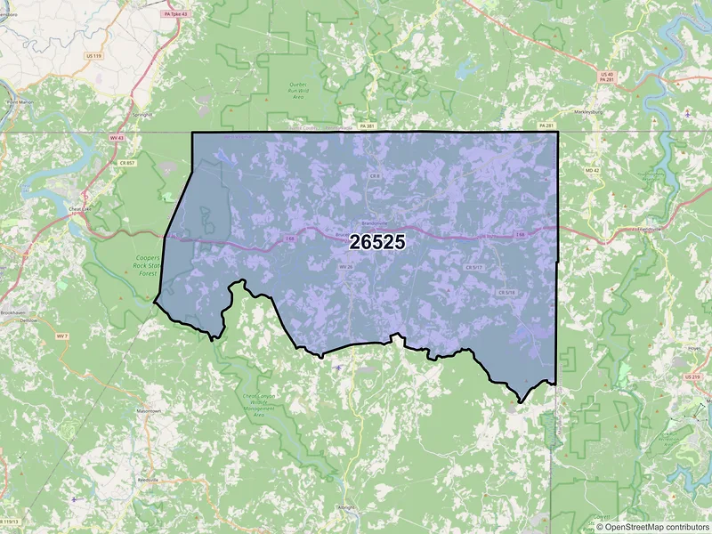 Map of ZIP Code 26525 — Bruceton Mills, WV