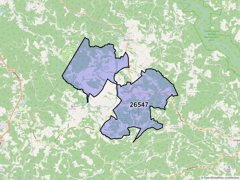 Map of Reedsville, West Virginia and ZIP codes
