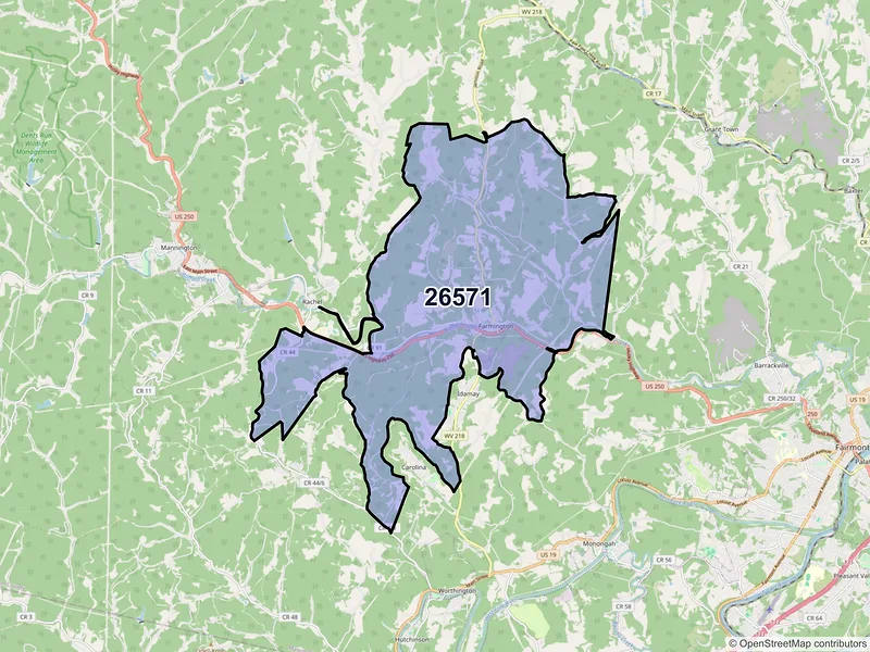 Map of Farmington, West Virginia and ZIP codes