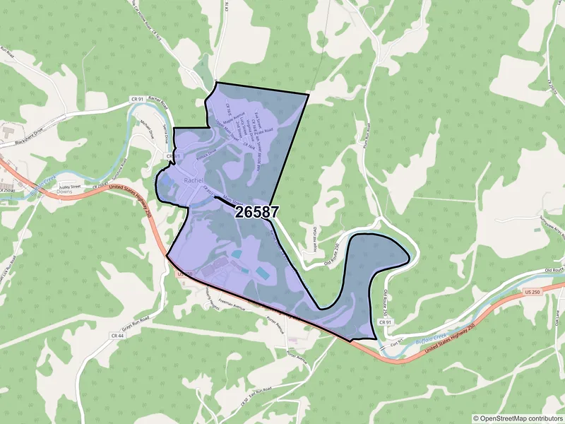 Map of ZIP Code 26587 — Rachel, WV
