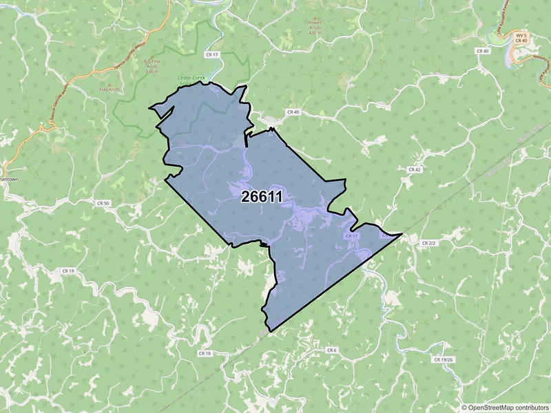 Map of Cedarville, West Virginia and ZIP codes