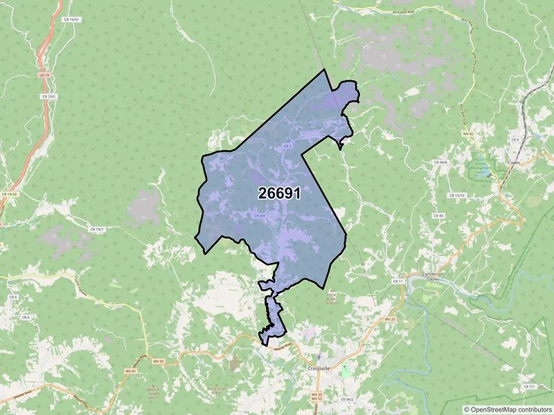 Map of ZIP Code 26691 — Tioga, WV