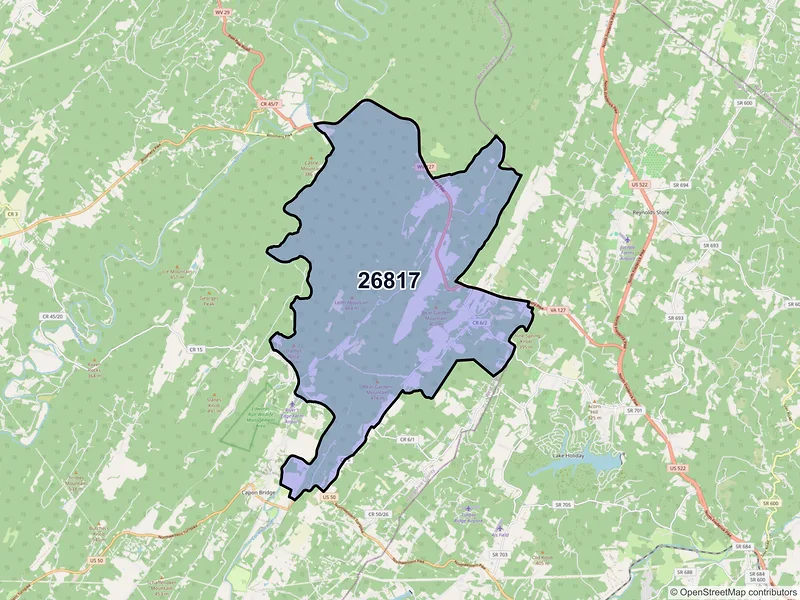Map of Bloomery, West Virginia and ZIP codes
